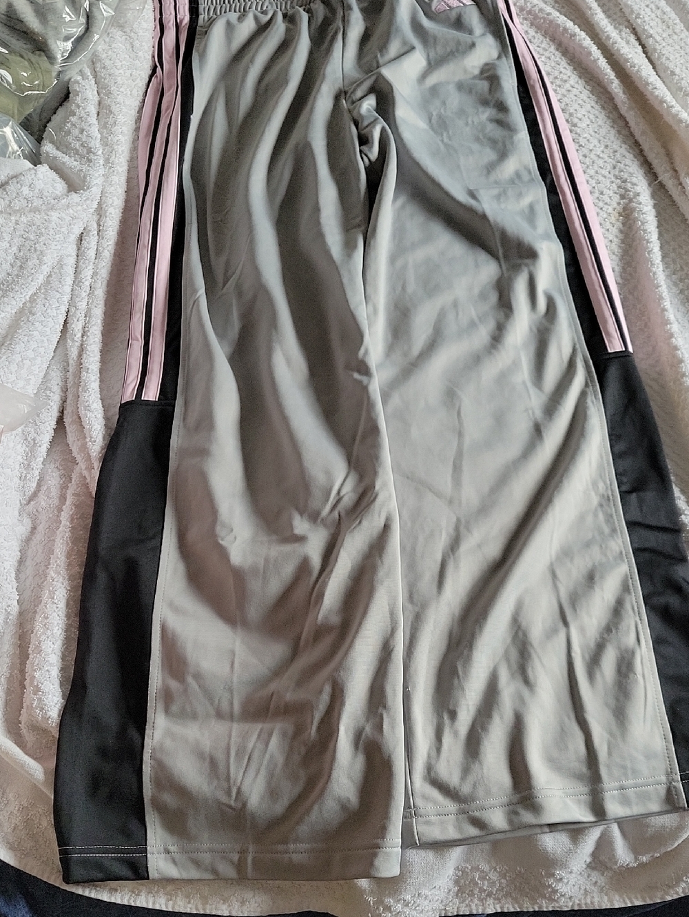 adidas Gray Track Pants with Pink Side Stripes and Black Panels